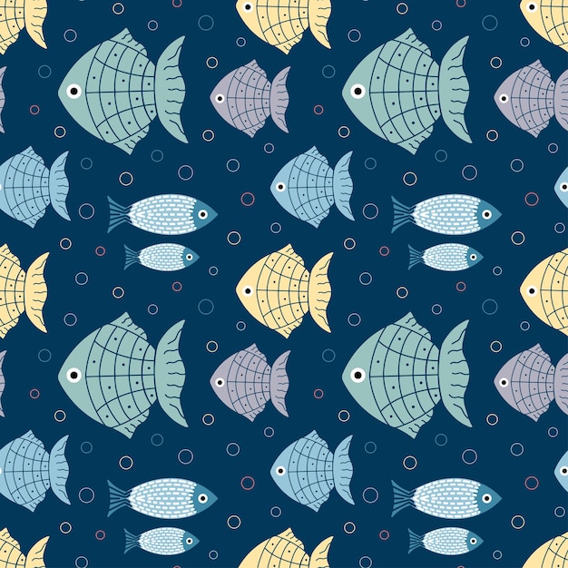 Vector cute fish pattern on a dark blue background for the design of textiles child clothing wrapping paper vector illustration