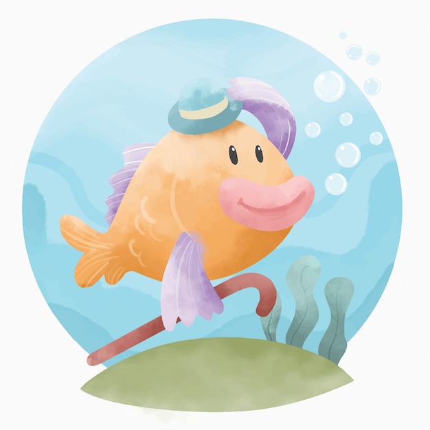 Vettore pesce carino con illustrazione del cappello
