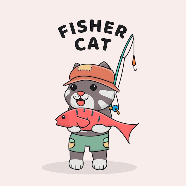 Cute fisher cat with hat and fishing rod holding a fish