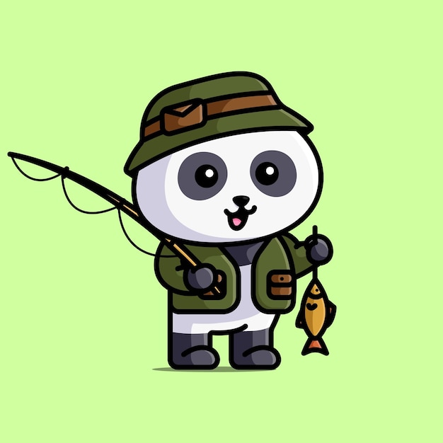 Cute fisherman angler panda with the rod and holding the fish cartoon illustration animal isolated