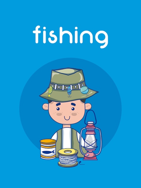 Cute fisherman with equipment cartoon 