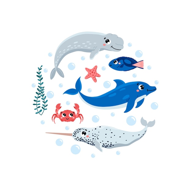 Cute fishes and marine mammals with smiling face flat vector illustration isolated on white backgrou