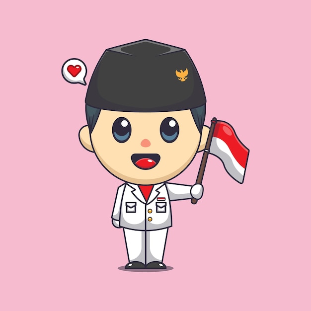 Милый мальчик, поднимающий флаг, держит индонезийский флаг в день независимости индонезии