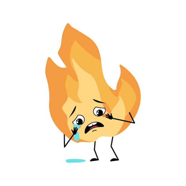 Cute flame character with crying and tears emotion sad face\
depressive eyes arms and legs fire man with melancholy expression\
hot orange person vector flat illustration