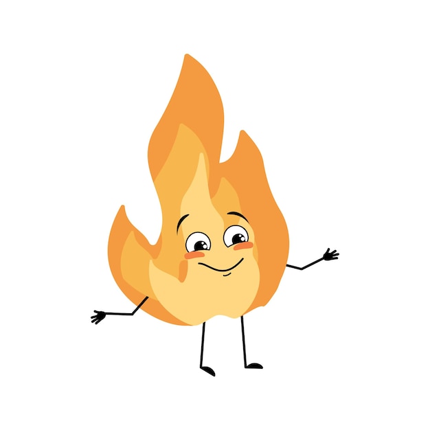 Cute flame character with happy emotions joyful face smile eyes\
arms and legs fire man with funny expression hot orange person\
vector flat illustration