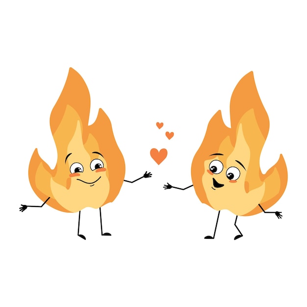 Cute flame character with love emotions smile face arms and\
legs fire man with funny expression hot orange person vector flat\
illustration