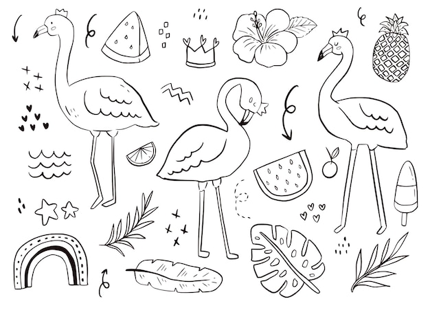 Вектор Симпатичные фламинго каракули стикер наброски. летняя птица, арбуз, тропический рисунок на белом фоне, иллюстрация