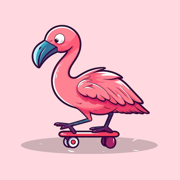 cute flamingo riding skateboard summer sport vector illustration