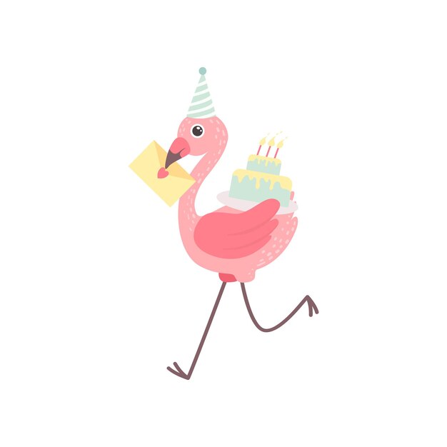 Vector cute flamingo wearing party hat running with birthday cake and greeting card beautiful exotic bird character vector illustration on white background