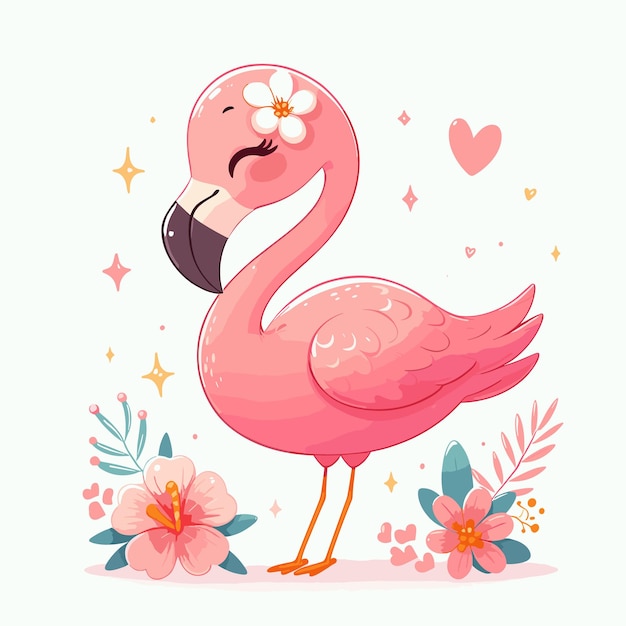 cute flamingo with flower cartoon vector on white background