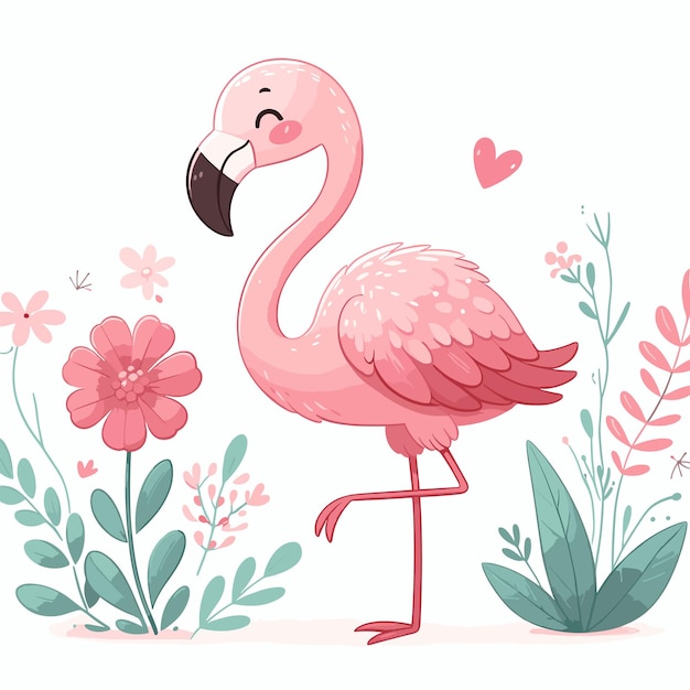 cute flamingo with flower cartoon vector on white background