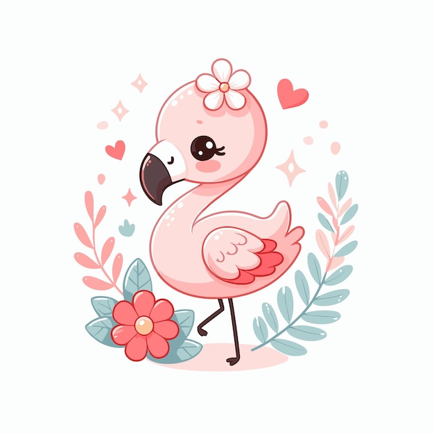 cute flamingo with flower cartoon vector on white background