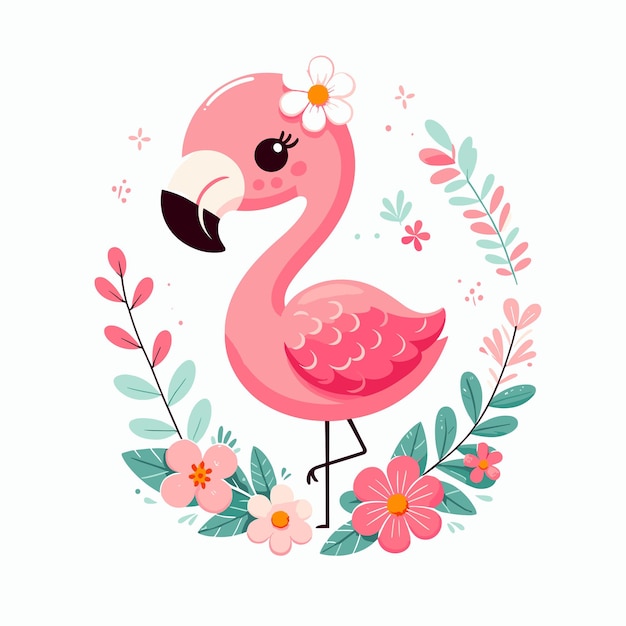 cute flamingo with flower cartoon vector on white background