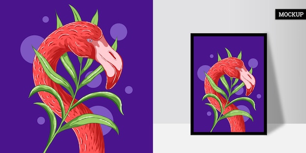 Cute flamingo with tropical leaves in hand drawn style