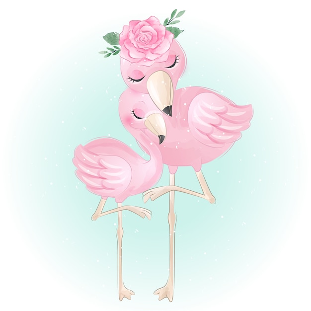 Cute flamingo with watercolor rose