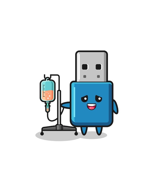 Симпатичный usb-персонаж с флешкой, стоящий с инфузионным столбом