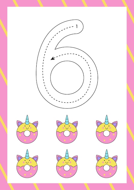 Cute flashcard how to write number six. worksheet for kids.