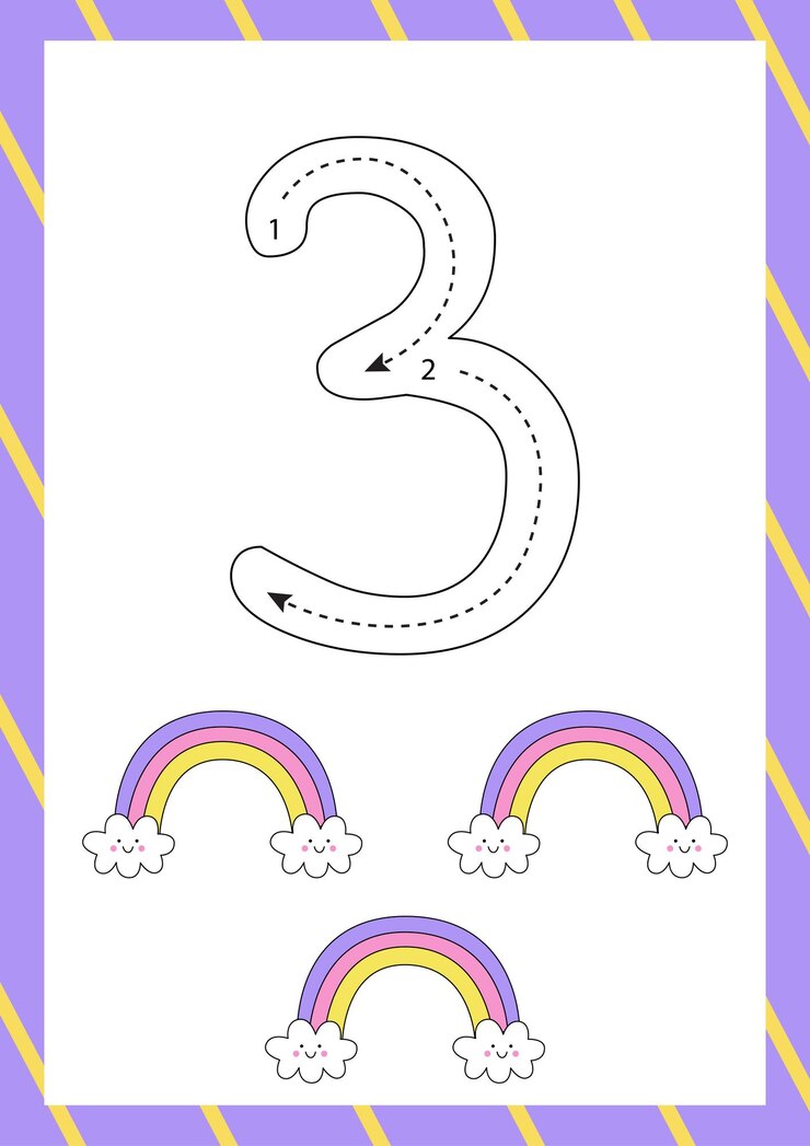 Vector cute flashcard how to write number three. worksheet for kids.