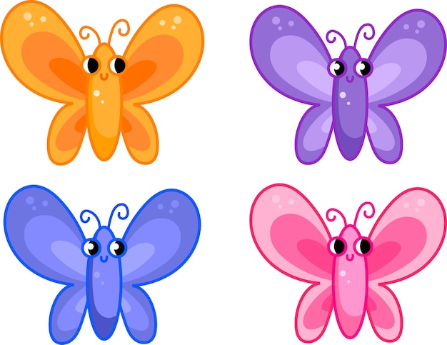 Vector cute flat butterflies set in cartoon nursery childish style.