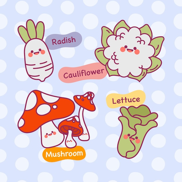 cute flat design vector kawaii colorful vegetable illustration collection set