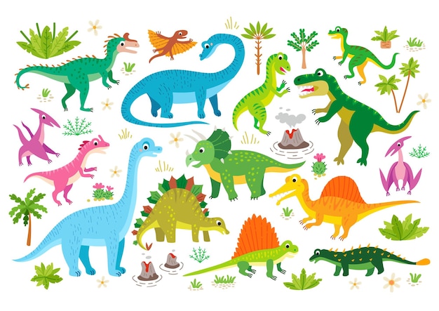 Cute flat dinosaur set cartoon prehistoric lizard