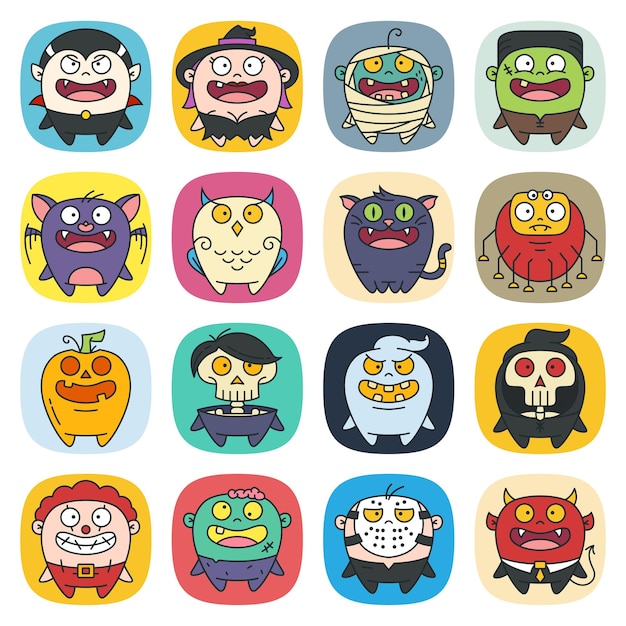 Vector cute flat halloween cartoon character icons like witch vampire mummy bat owl cat ghost zombie