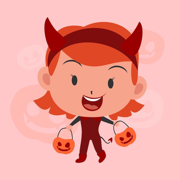 Симпатичные плоские персонажи хэллоуина дети в красном костюме зла