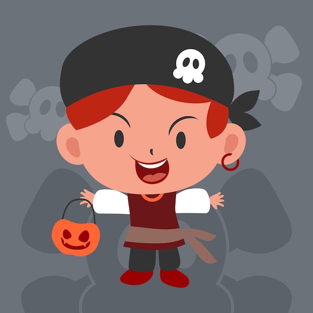 Cute Flat Halloween Character Kids on Pirates Costume