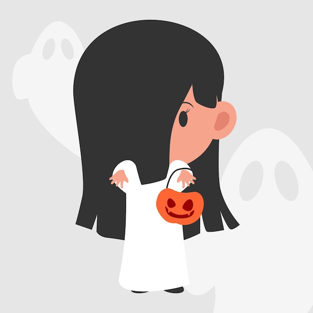 Vector cute flat halloween character kids on sadako costume