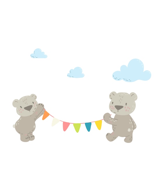 Cute flat hand drawn illustration bear and garland