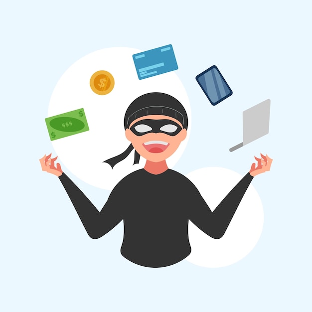 Web ステッカー アイコン マスコット ロゴのデータお金を盗む泥棒ハッカーのかわいいフラット イラスト漫画