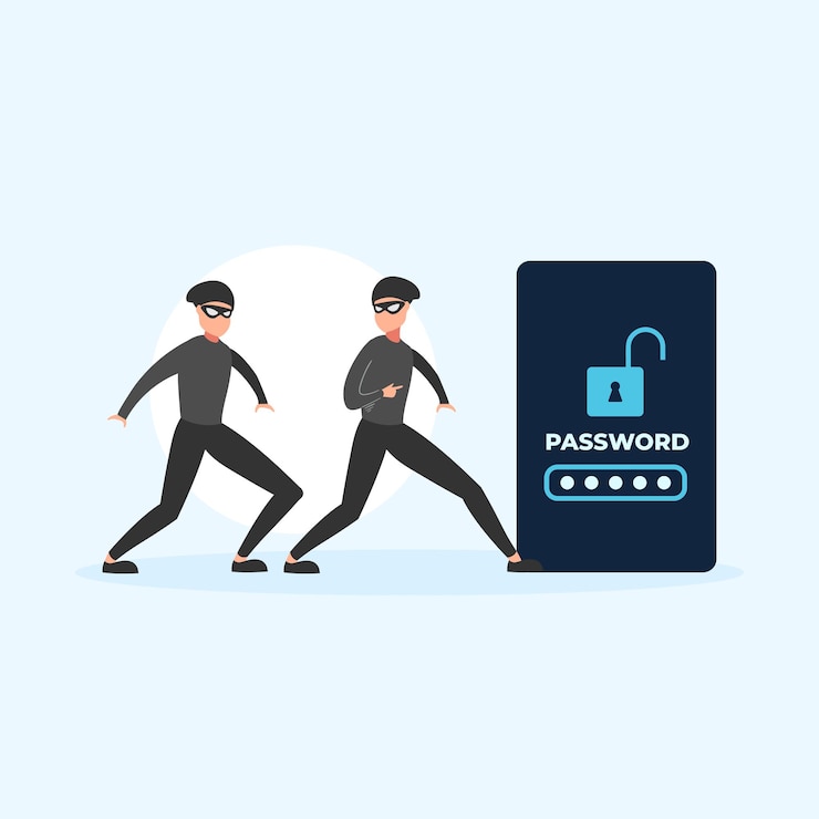 Vector cute flat illustration cartoon of thief hacker stealing data money for web sticker icon mascot logo