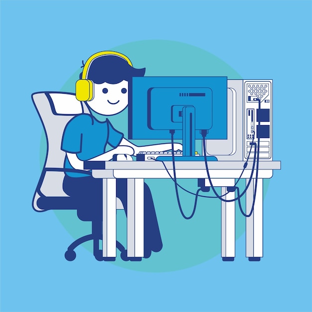 Cute flat illustration work from home in front of computer