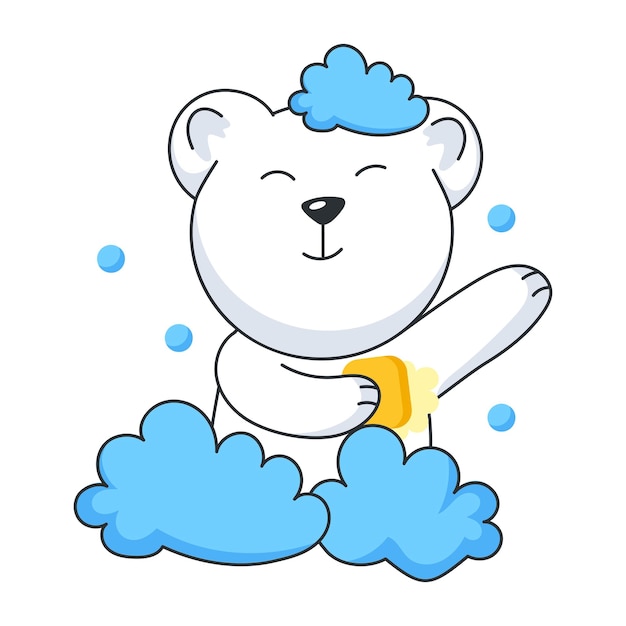 Cute flat sticker depicting a bear taking shower