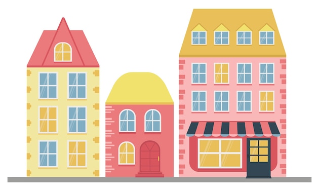 Vector cute flat style city houses in house coffee shop