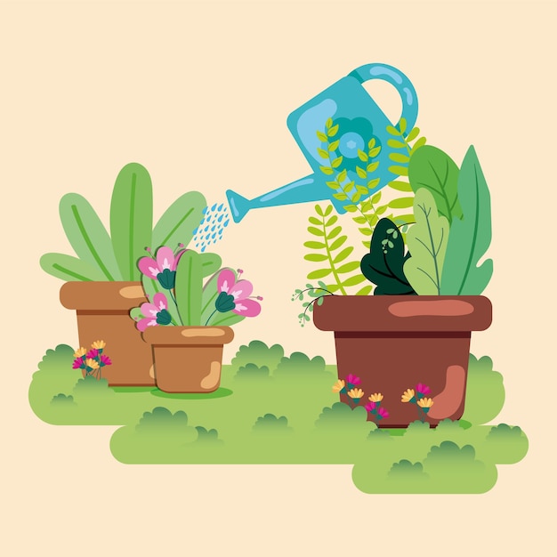 Cute flat style garden with a watering can Vector illustration