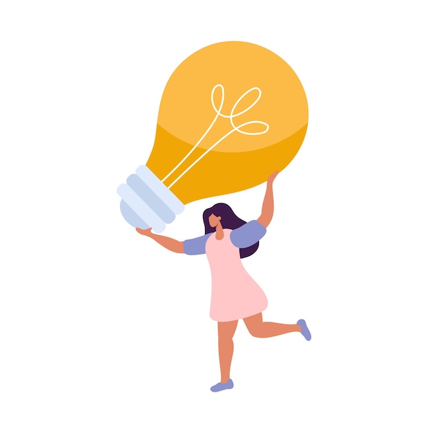 Cute flat woman holding bulb over her head she has cool idea vector people have business idea or something