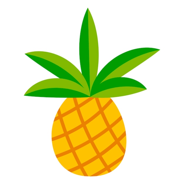 Cute flat yellow and green pineapple with leaves isolated on white background. cartoon tropical