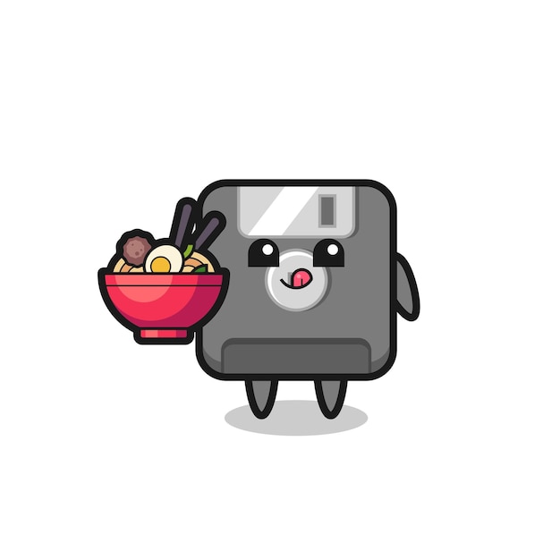 麺を食べるかわいいフロッピーディスクのキャラクター