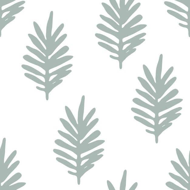 Cute floral background with green hand drawn leaves, branches on white. Tropic seamless pattern