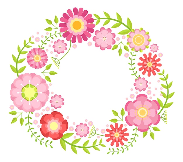 Cute floral circle Green branch wreath with red and pink flowers
