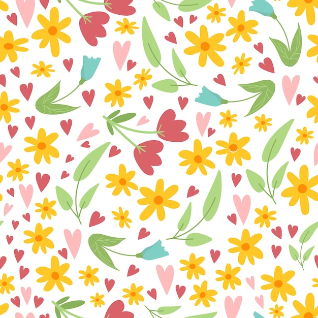 Cute floral Easter spring seamless pattern with simple doodle flowers leaves and hearts on white