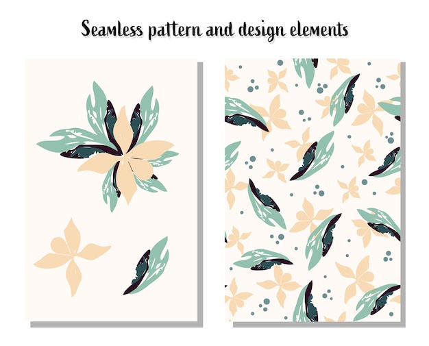 Cute floral flower leaves card and seamless pattern set decor home print kids apparel wrapping paper fabric and textile Vector illustration