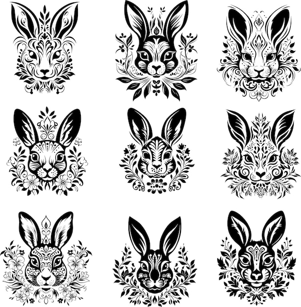 cute floral flower rabbit silhouette black and white vector illustration