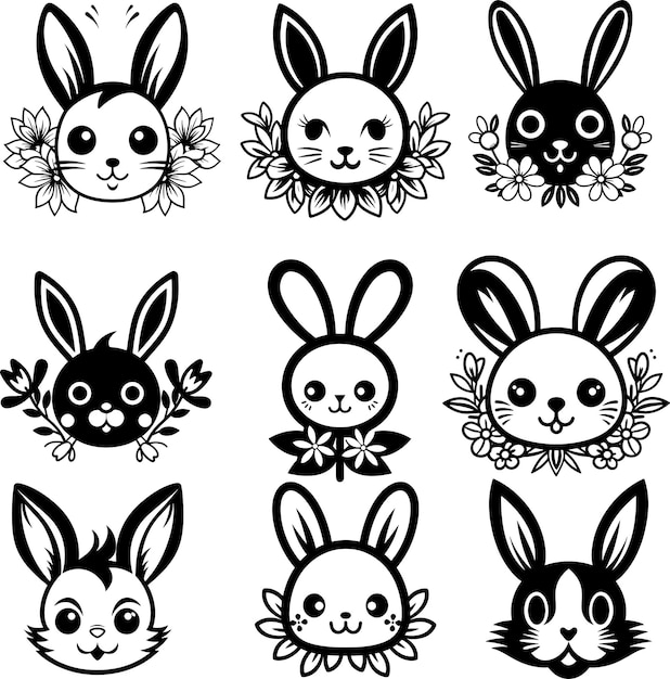 cute floral flower rabbit silhouette black and white vector illustration