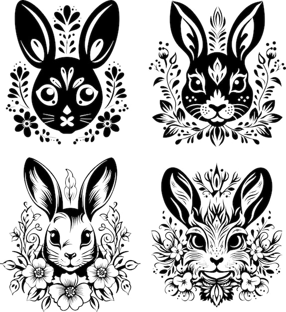 cute floral flower rabbit silhouette black and white vector illustration