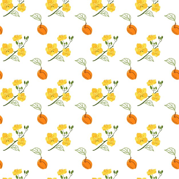 Cute floral and fruit apricots pattern flowers Summer print Repeat background for wallpaper