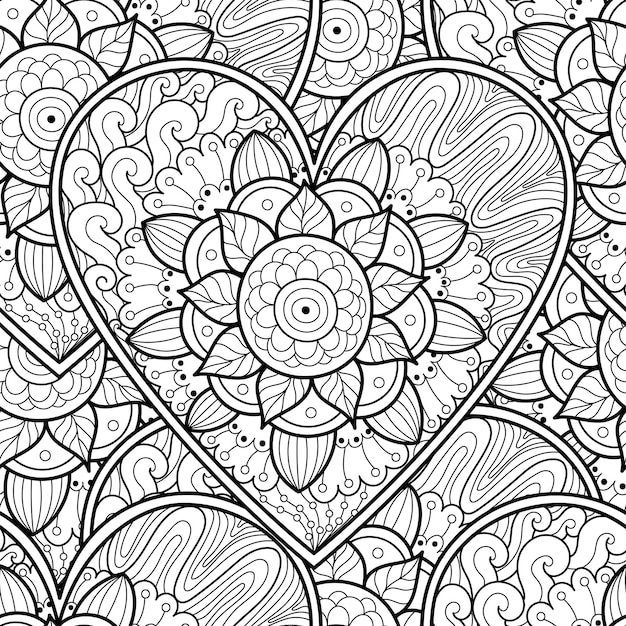 Carino cuore floreale mandala in bianco e nero motivo senza cuciture per libro da colorare amore doodle sfondo pagina da colorare creativa per adulti e bambini illustrazione vettoriale