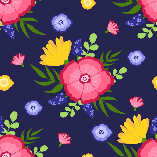 Cute floral pattern in the bouquet of flower on blue background. Backdrop for wallpaper, print