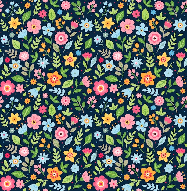 Cute floral pattern in the small flower. ditsy print. motifs scattered random. seamless texture. elegant template for fashion prints. printing with small colorful flowers. dark blue background.